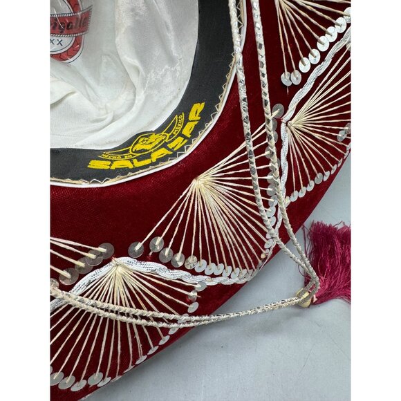 piggalle salazar Red Velvet Sombrero hat Intricate White Embroidery Tassel XL - Picture 11 of 13